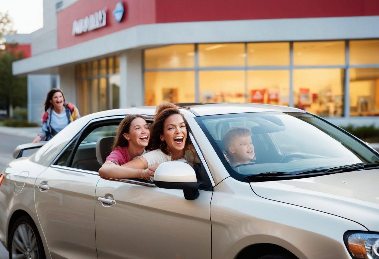 A happy family driving joyfully in a modern car, with a glowing calendar showing an automatic renewal checkmark, and a DMV building in the background. Include happy, carefree expressions and a sense of movement. super-realistic. vibrant colors. white background.